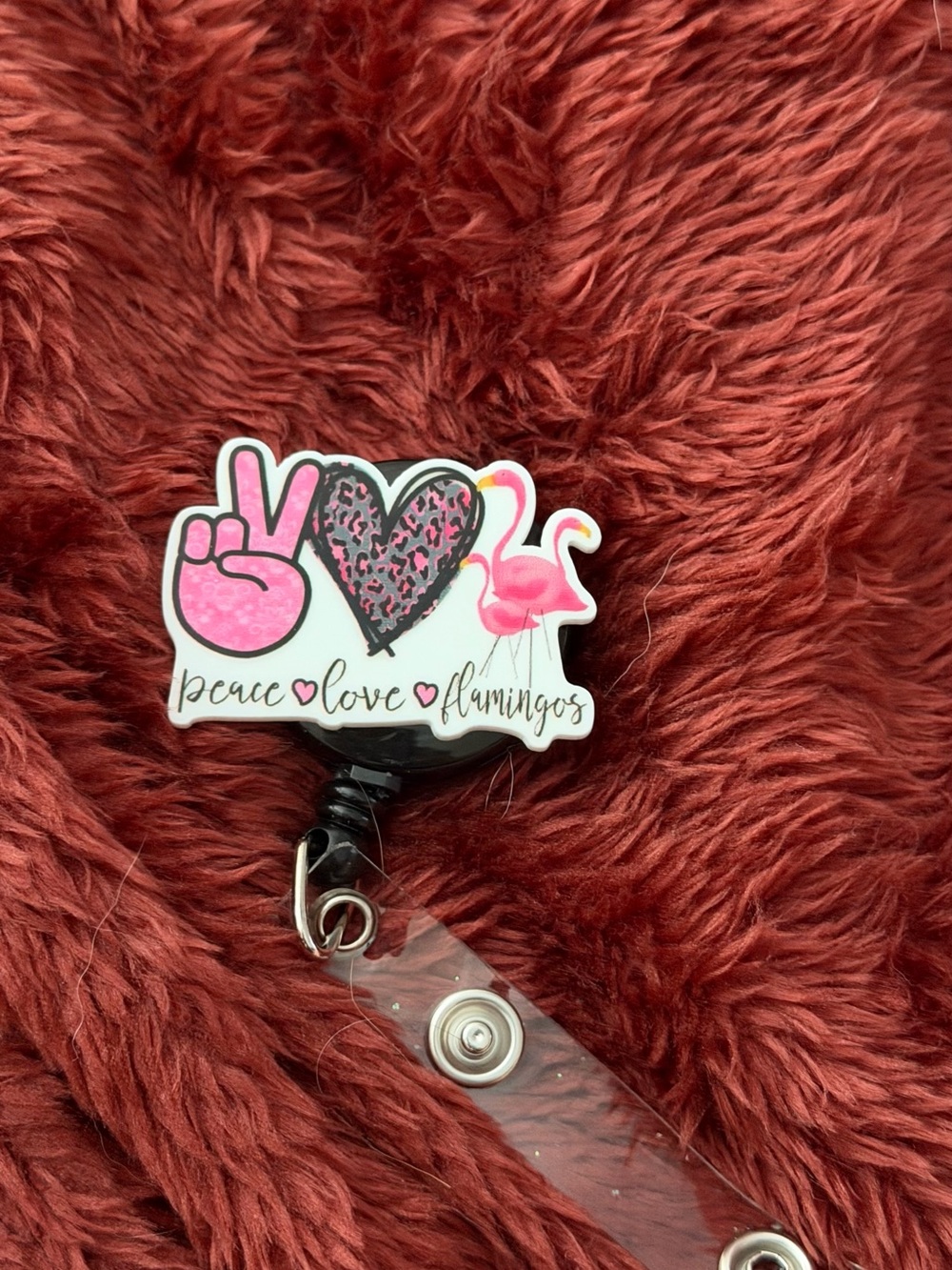 Peace Love Flamingos Pink Badge Reel